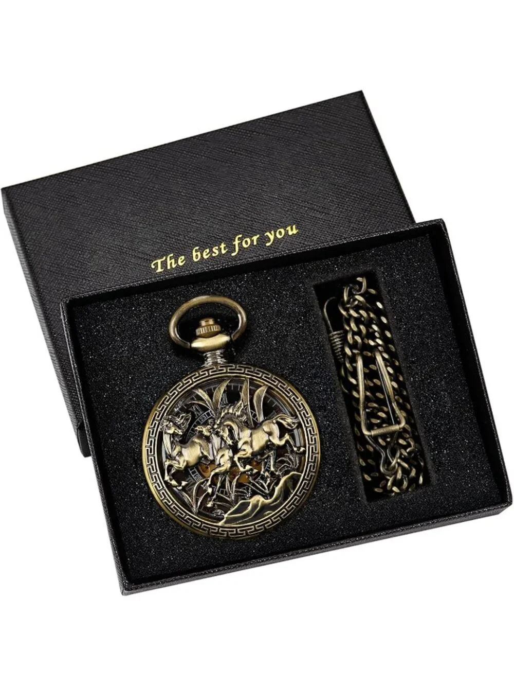 Men's Gold Bronze Horse Skeleton Roman Numerals Hollow Mechanical Pocket Watch